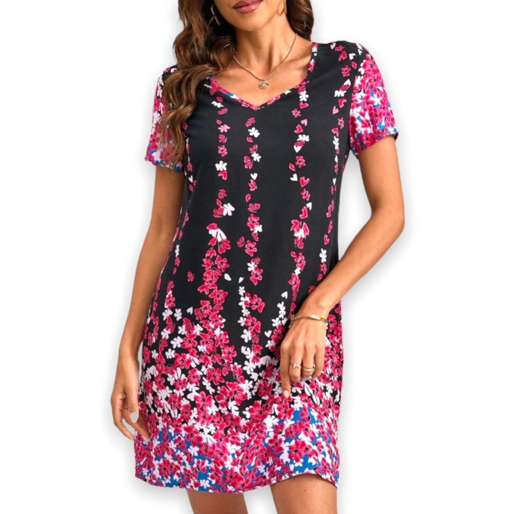 New Boho Floral Print Black Pink White Blue V Neck Short Sleeve Mini Tunic Dress - Picture 2 of 13